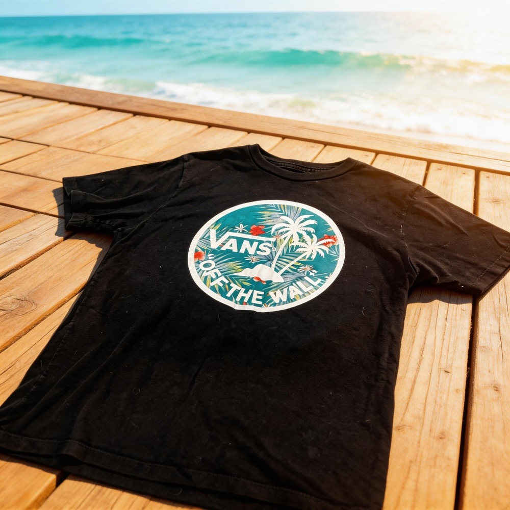 Vans Off The Wall Graphic T-Shirt Black Tropical Palm‎ Tree Small Custom Fit Tee